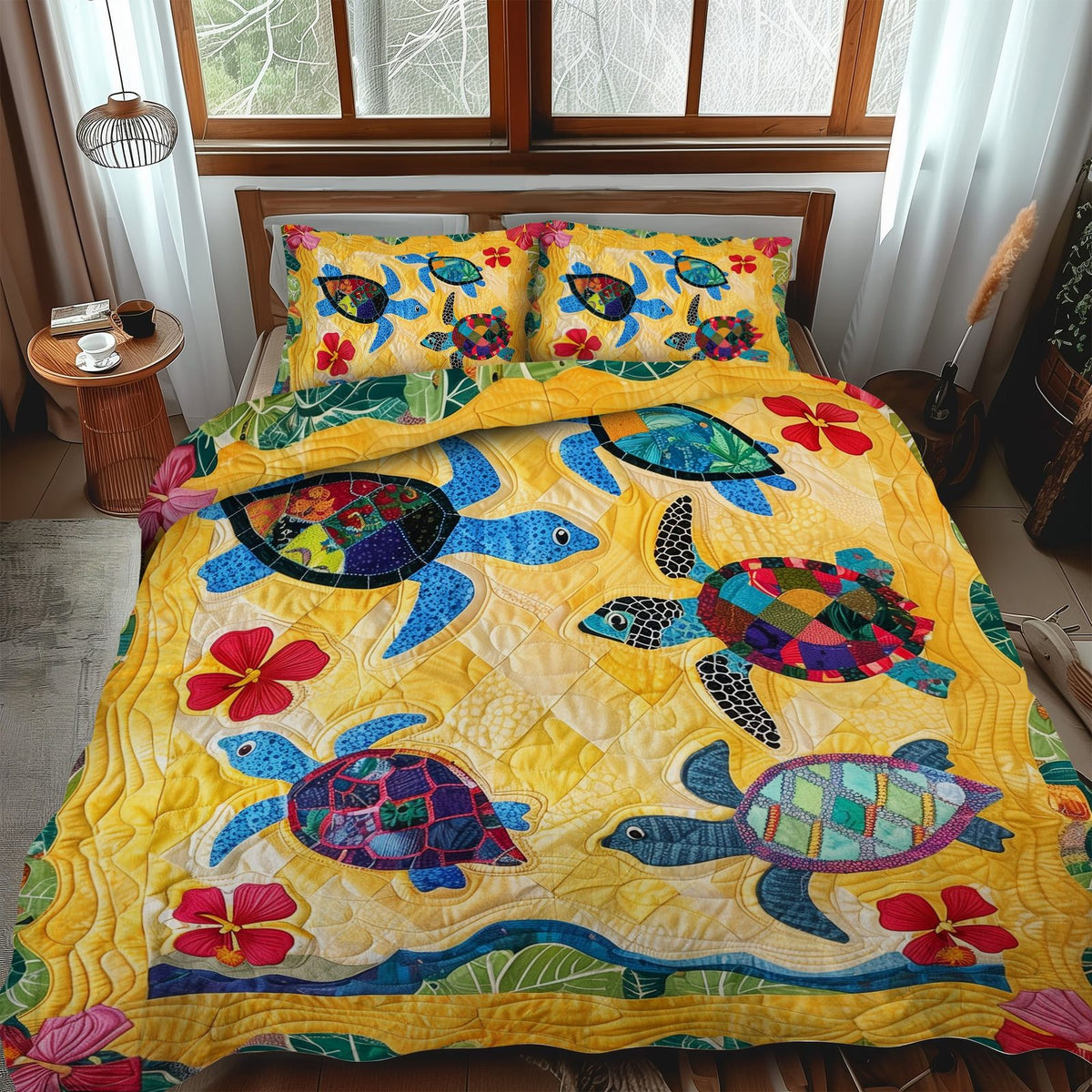 Sun and Sea quilted 3-piece bedding set on a made bed in a light coastal bedroom