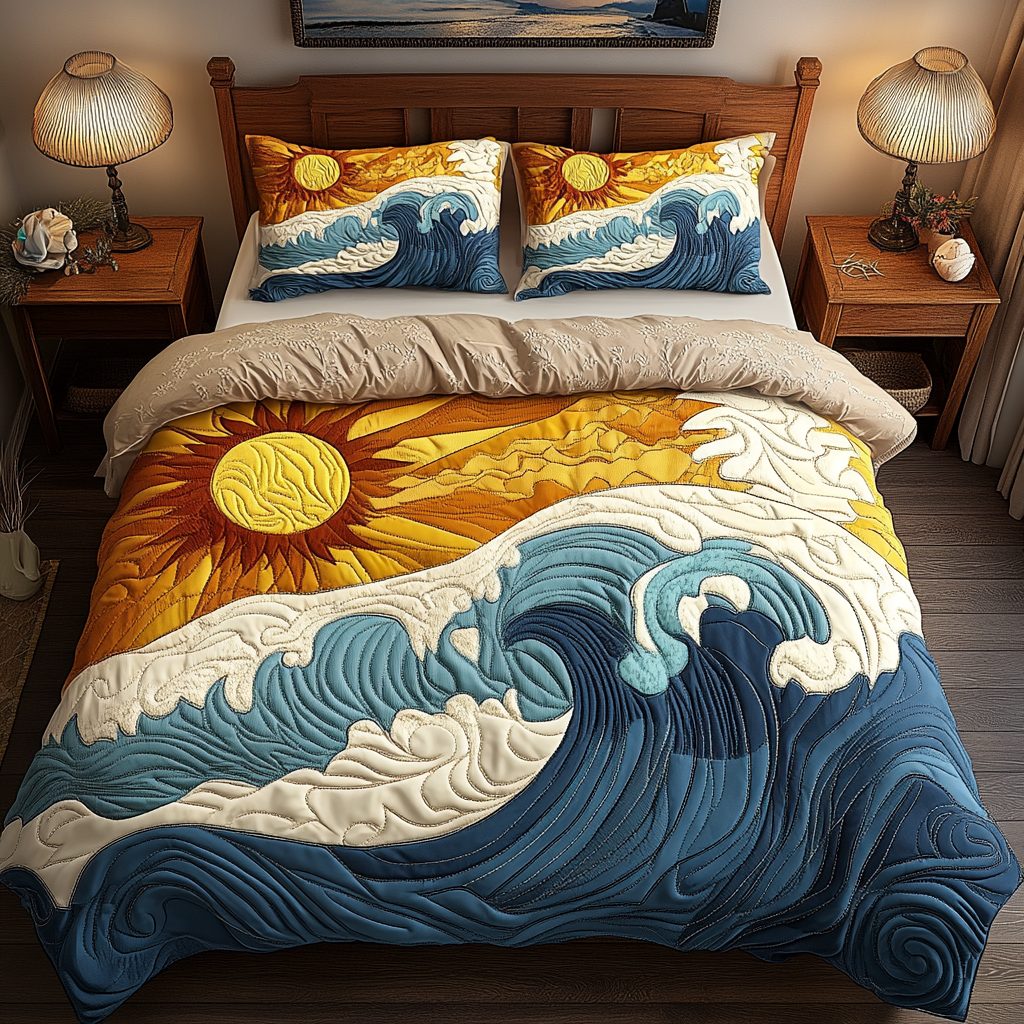 Sun and Waves quilted 3-piece bedding set on a made bed in a light coastal bedroom