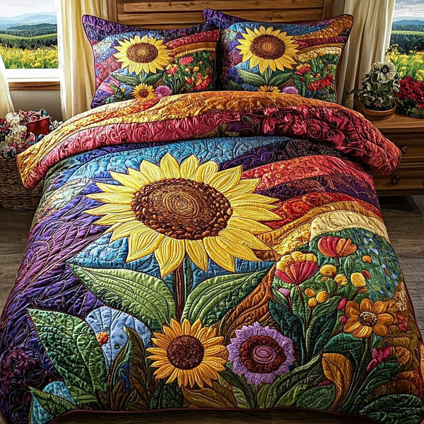 Sun Bloom quilted 3-piece bedding set on a made bed with two matching pillow shams