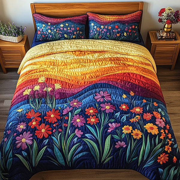Sun Bloom quilted 3-piece bedding set on a made bed with two matching pillow shams