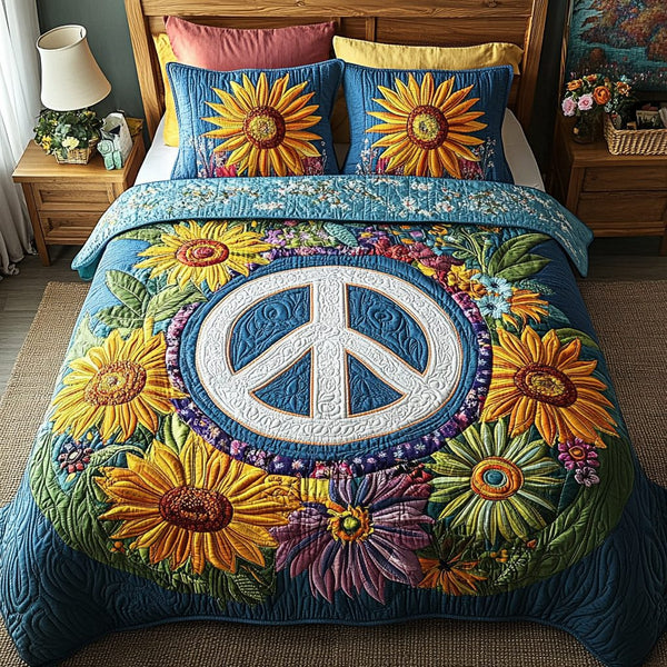 Sun Dance quilted 3-piece bedding set on a made bed with two matching pillow shams