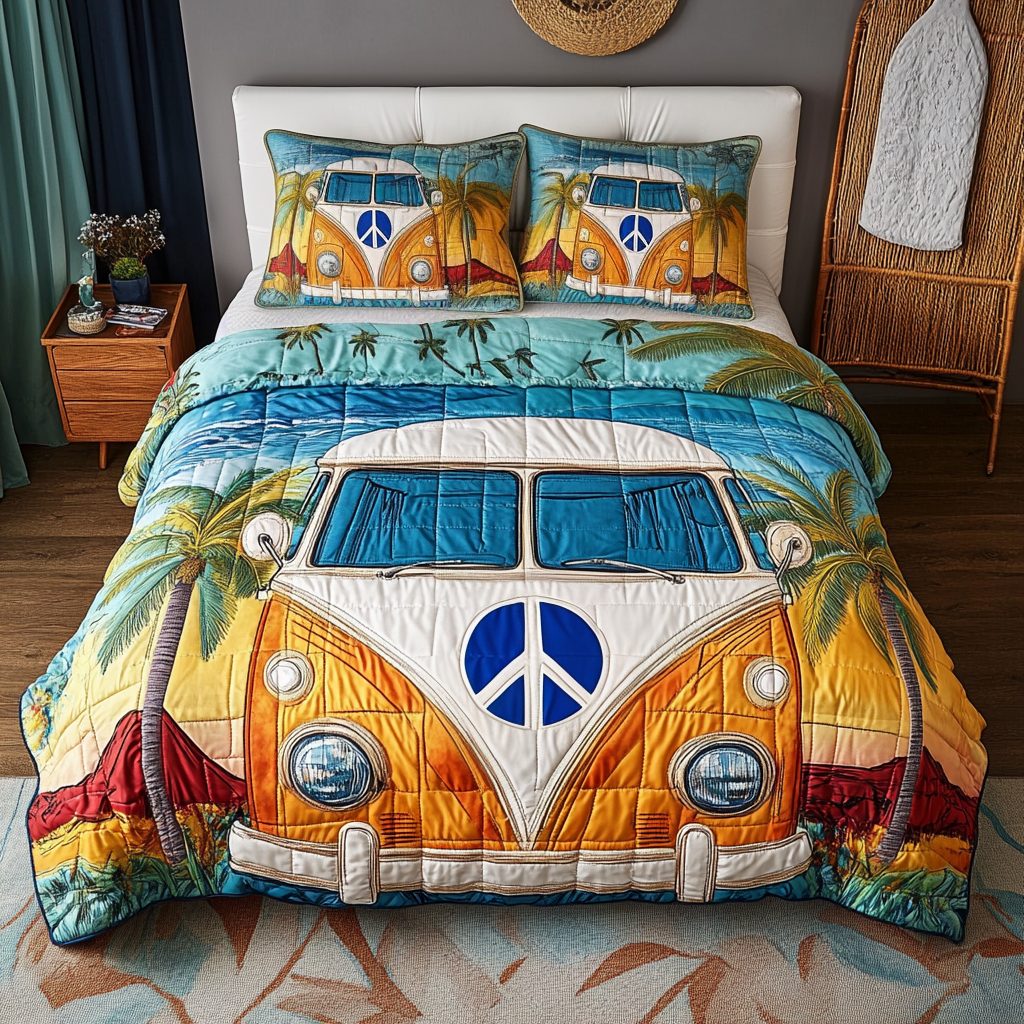 Sun Glow quilted 3-piece bedding set on a made bed with two matching pillow shams