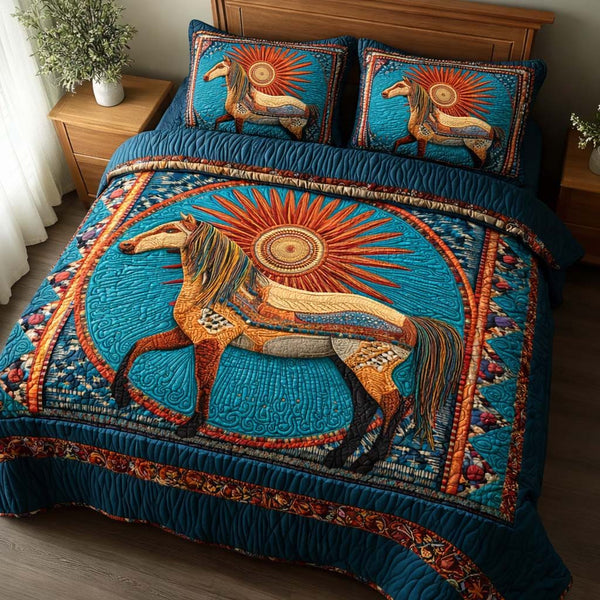 Sun Horse quilted 3-piece bedding set on a made bed in a rustic timber bedroom