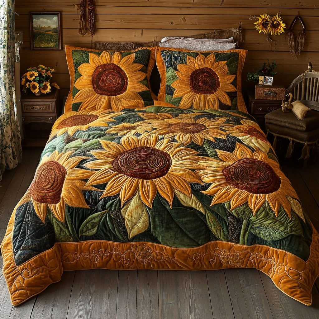 Sun-Kissed Dreams quilted 3-piece bedding set on a made bed with two matching pillow shams