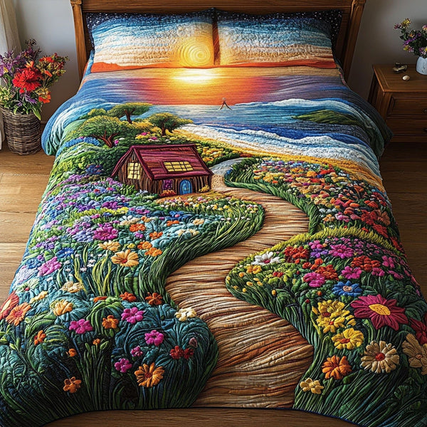 Sun-Kissed Horizon quilted 3-piece bedding set on a made bed with two matching pillow shams
