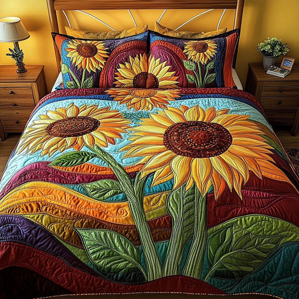Sun-Kissed Serenity quilted 3-piece bedding set on a made bed with two matching pillow shams