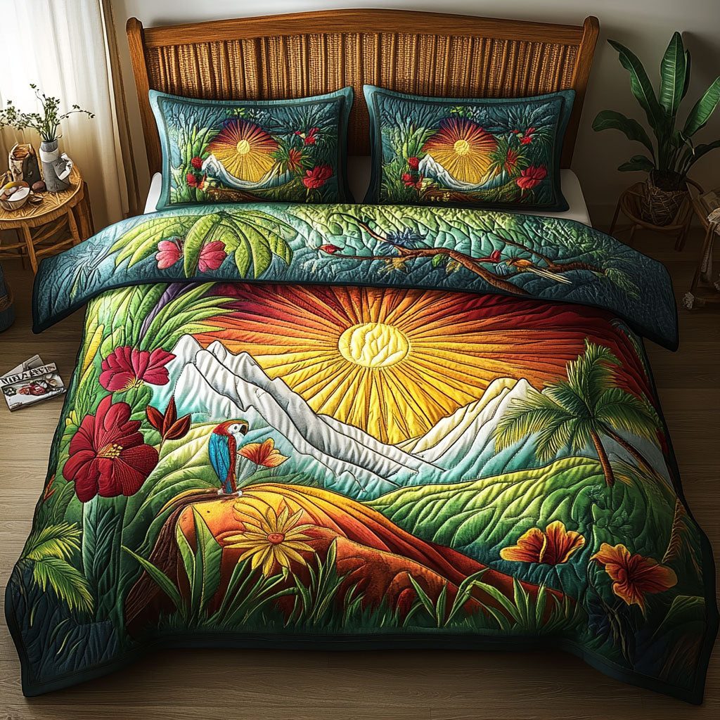 Sun-Kissed Tropics quilted 3-piece bedding set on a made bed with two matching pillow shams