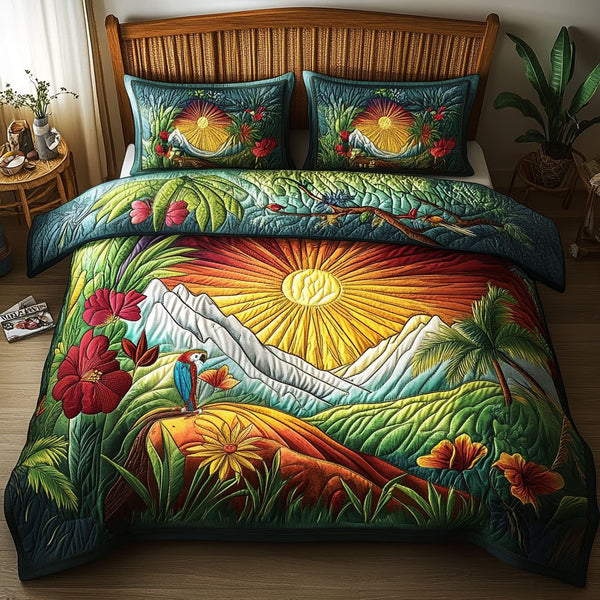 Sun-Kissed Tropics quilted 3-piece bedding set on a made bed with two matching pillow shams