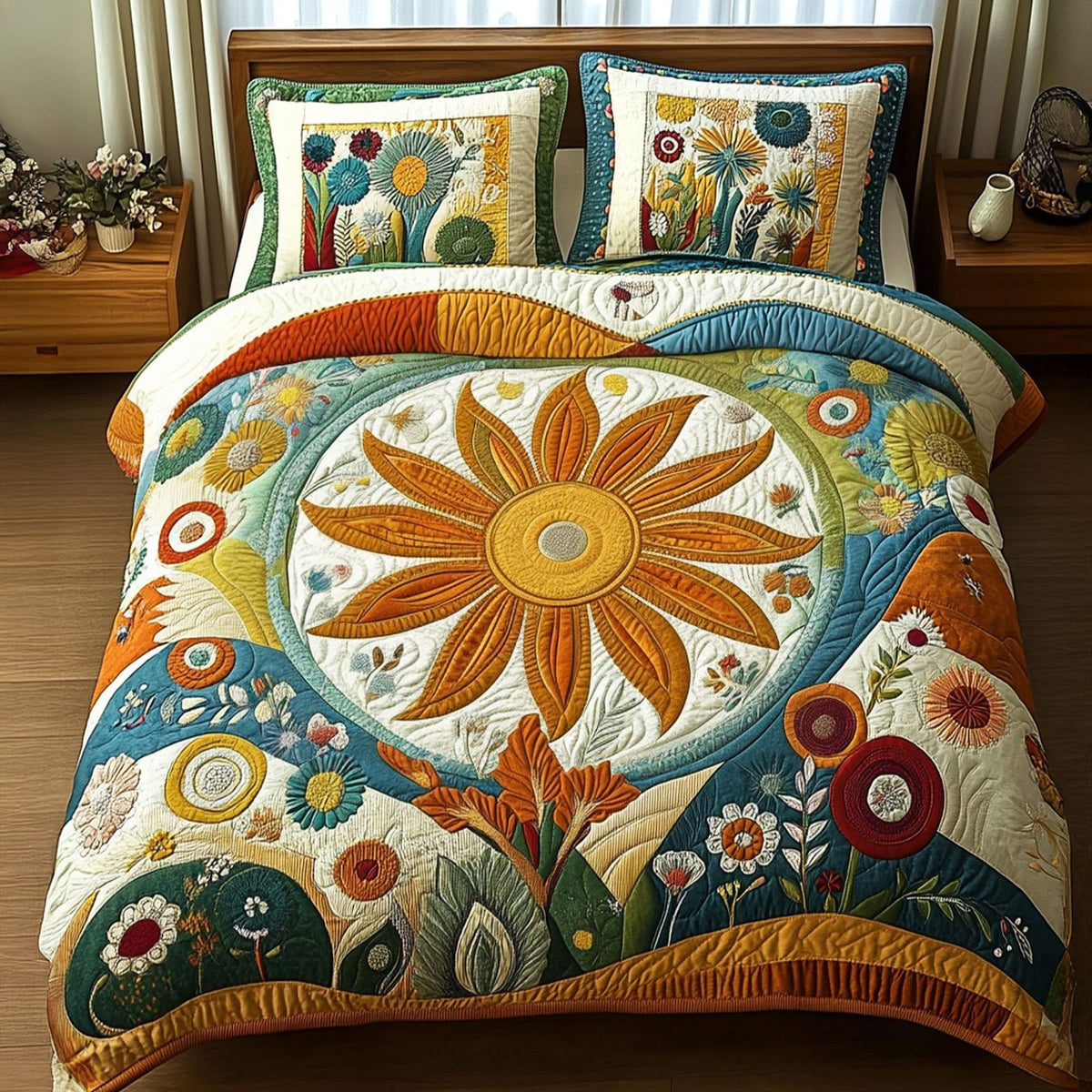 Sun Soul Bliss quilted 3-piece bedding set on a made bed with two matching pillow shams