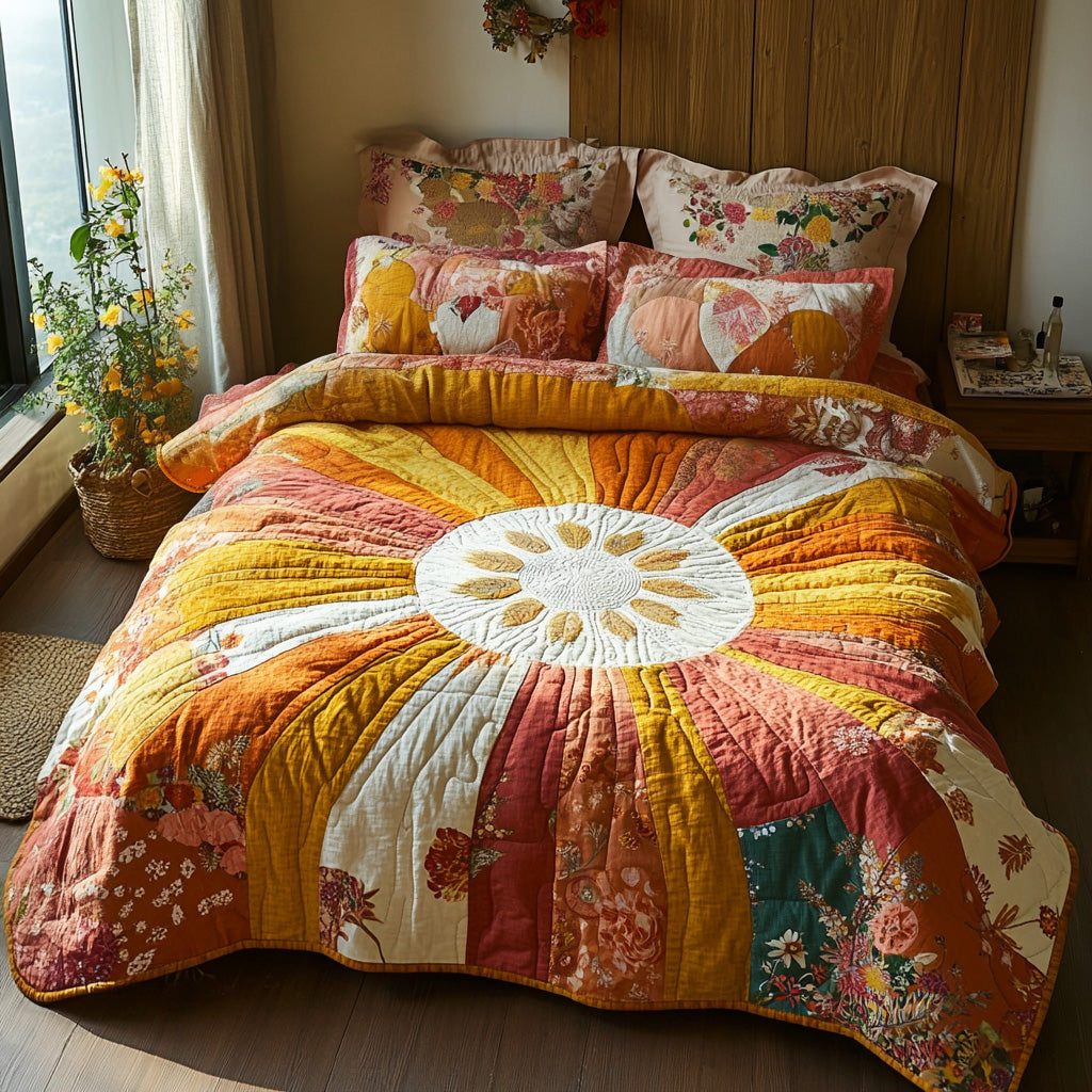 Sun Vibes quilted 3-piece bedding set on a made bed with two matching pillow shams