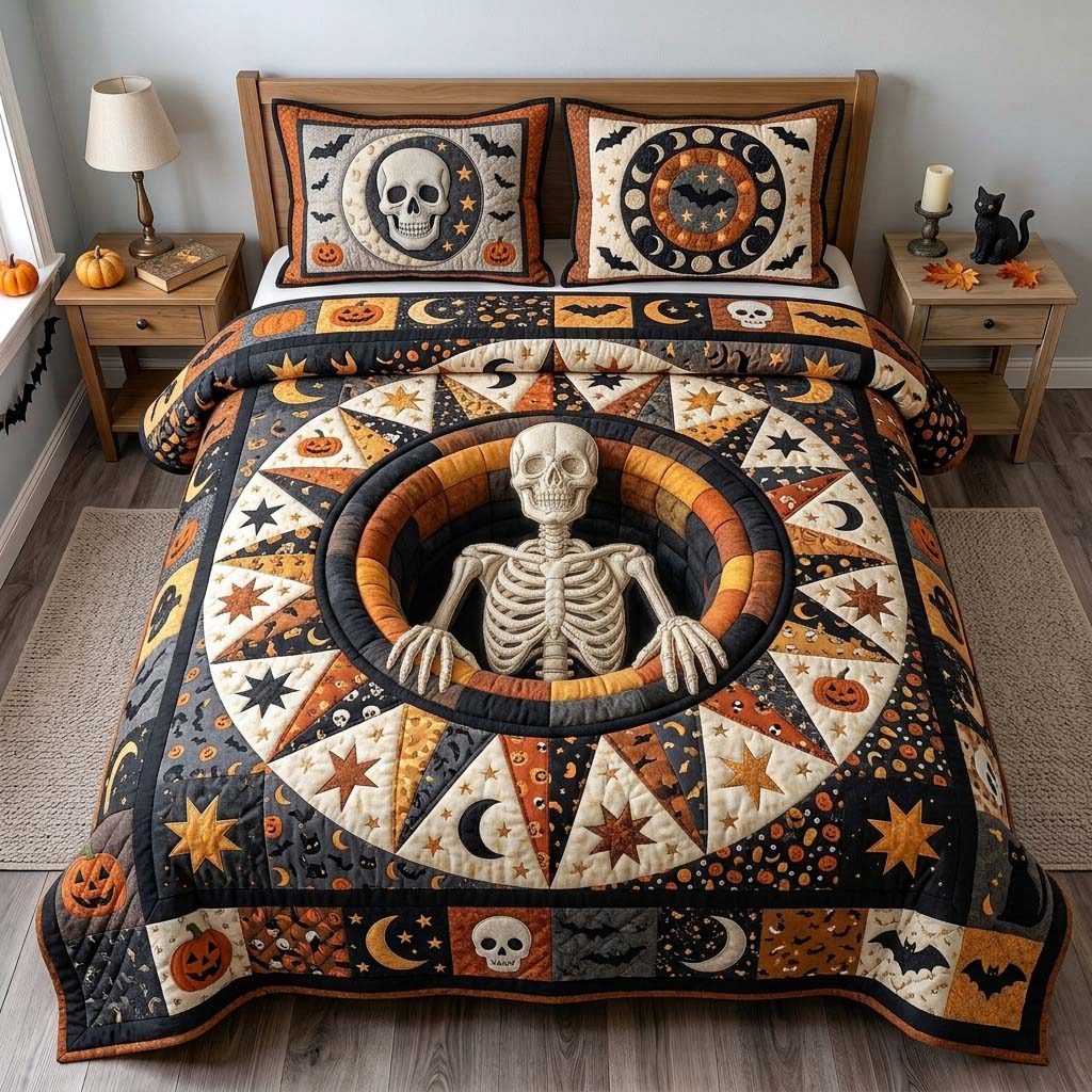 Sun Wheel Skeleton quilted 3-piece bedding set on a made bed against a dark styled interior