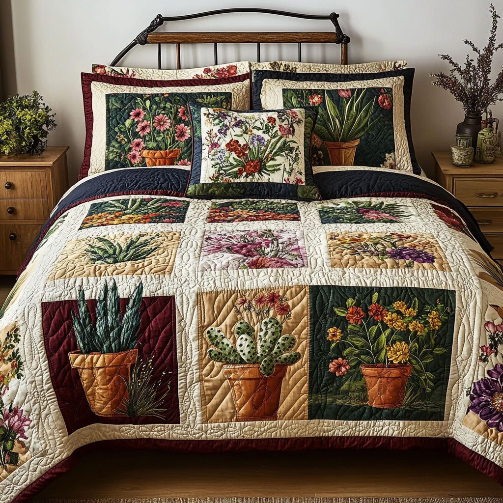 Sunbaked Succulents quilted 3-piece bedding set on a made bed with two matching pillow shams