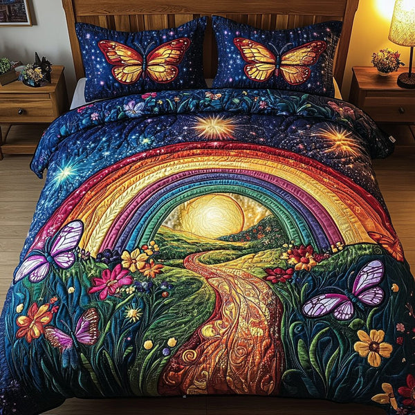 Sunbeam Butterfly quilted 3-piece bedding set on a made bed with two matching pillow shams