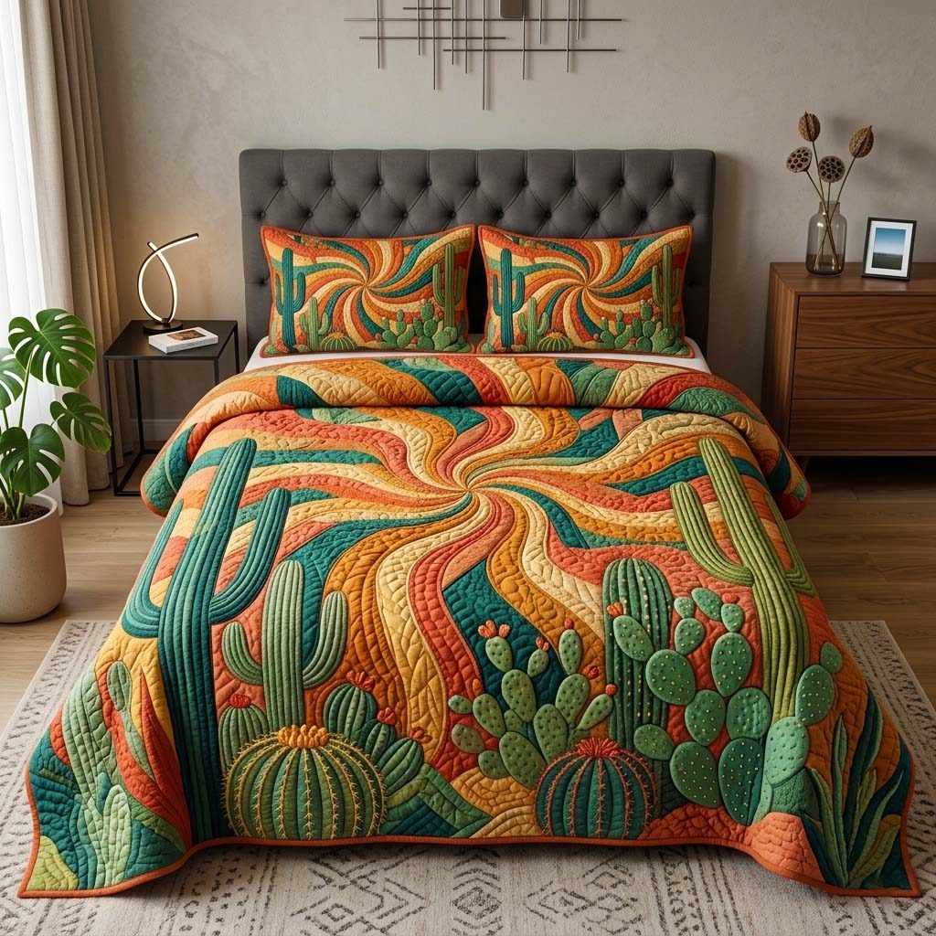 Sunbeam Cactus quilted 3-piece bedding set on a made bed with two matching pillow shams