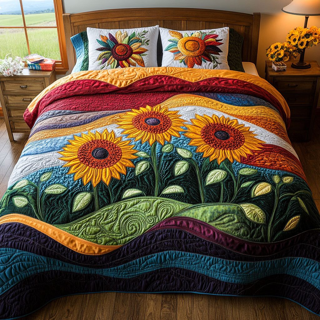 Sunbeam Charm quilted 3-piece bedding set on a made bed with two matching pillow shams