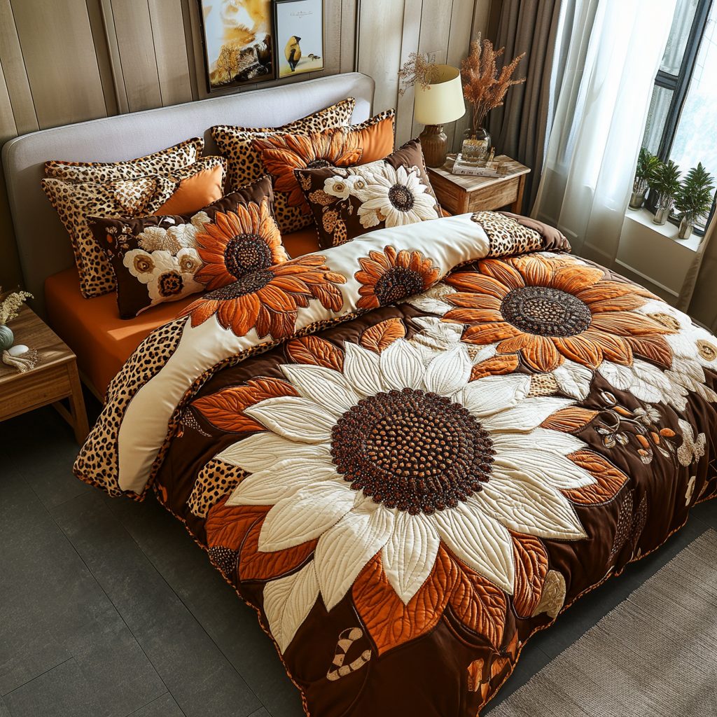 Sunbeam Petals quilted 3-piece bedding set on a made bed with two matching pillow shams