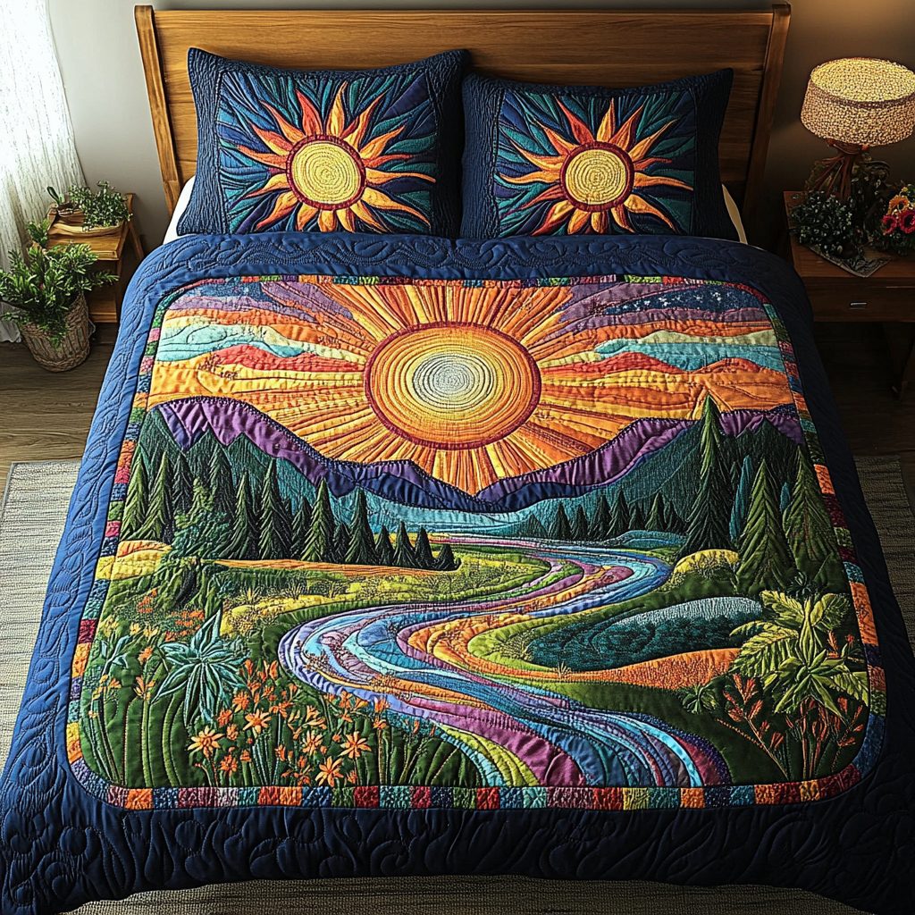 Sunbeam Serenity quilted 3-piece bedding set on a made bed with two matching pillow shams
