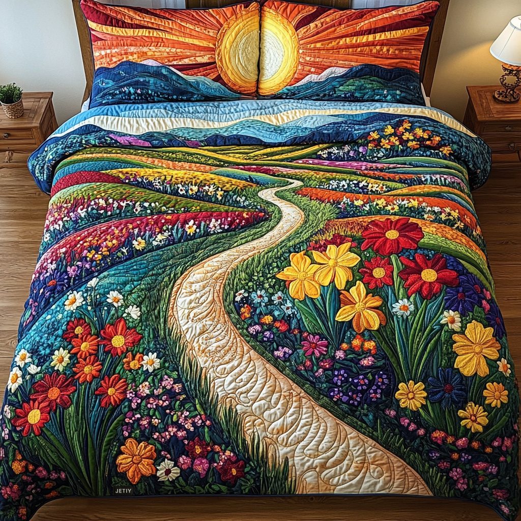 Sunbeam Serenity quilted 3-piece bedding set on a made bed with two matching pillow shams