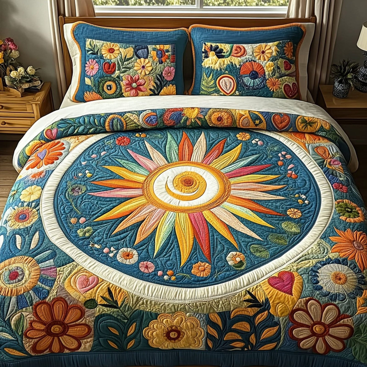Sunbeam Soul quilted 3-piece bedding set on a made bed with two matching pillow shams
