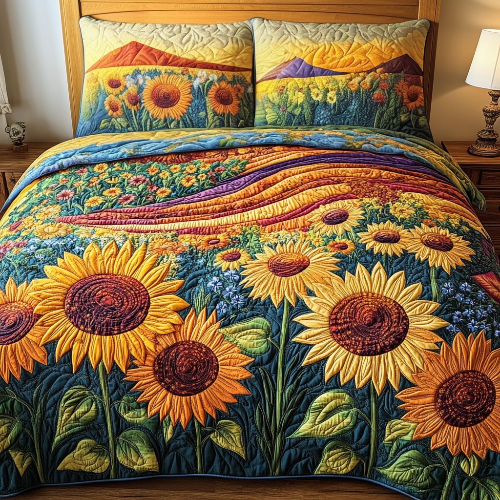Sunbeam Valley quilted 3-piece bedding set on a made bed with two matching pillow shams