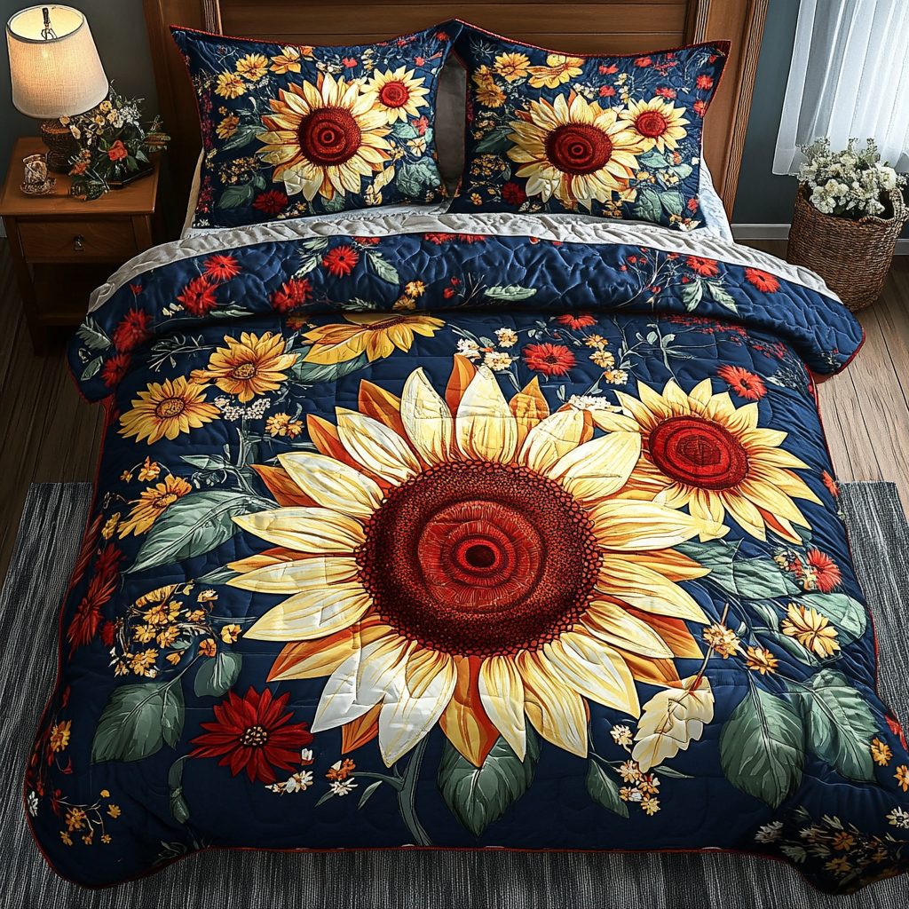 Sunburst Bloom quilted 3-piece bedding set on a made bed with two matching pillow shams