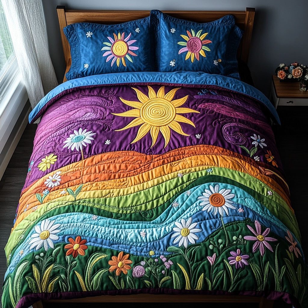 Sunburst Floral Harmony quilted 3-piece bedding set on a made bed with two matching pillow shams