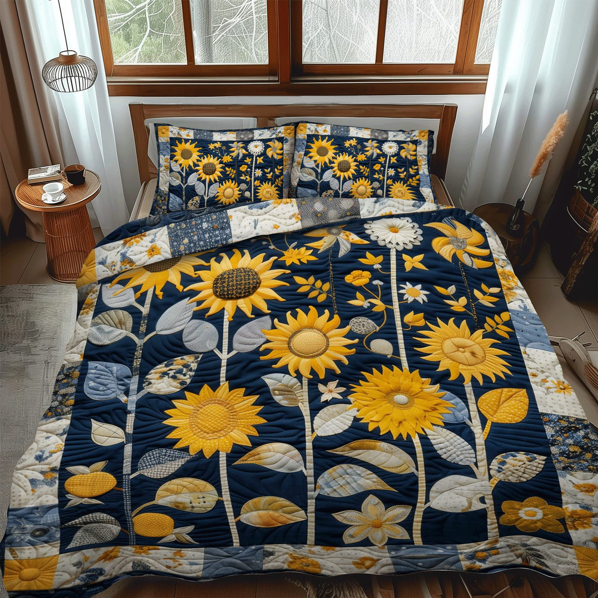 Sunburst Floral quilted 3-piece bedding set on a made bed with two matching pillow shams