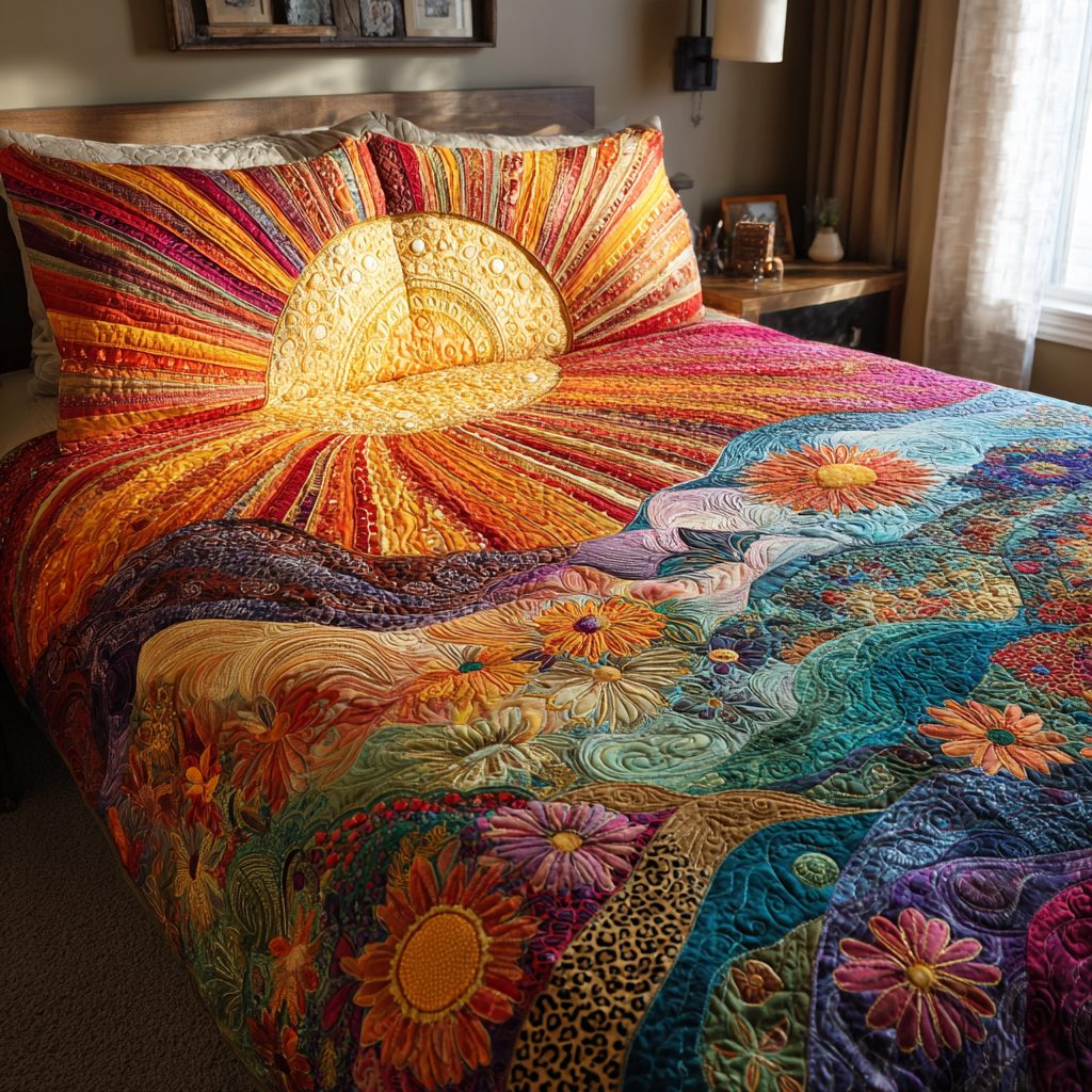 Sunburst Floral quilted 3-piece bedding set on a made bed with two matching pillow shams