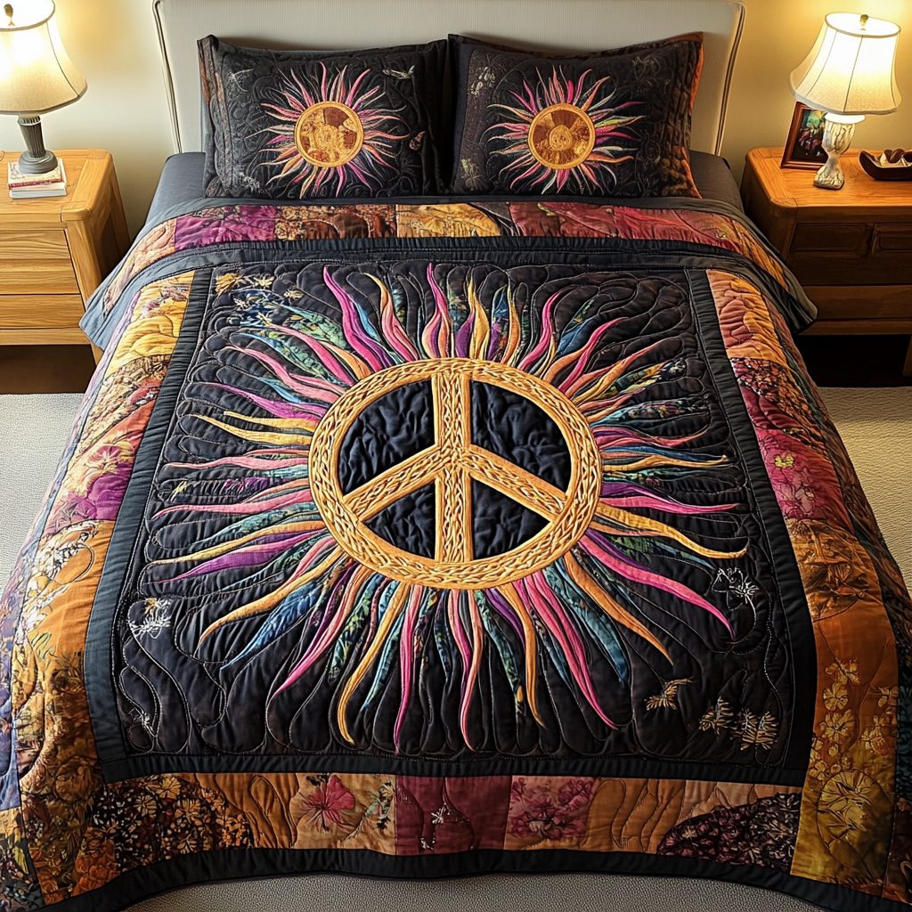 Sunburst Harmony quilted 3-piece bedding set on a made bed with two matching pillow shams