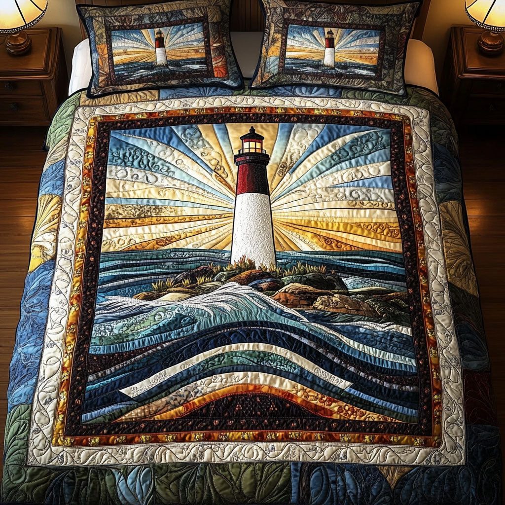Sunburst Lighthouse Waves quilted 3-piece bedding set on a made bed in a light coastal bedroom