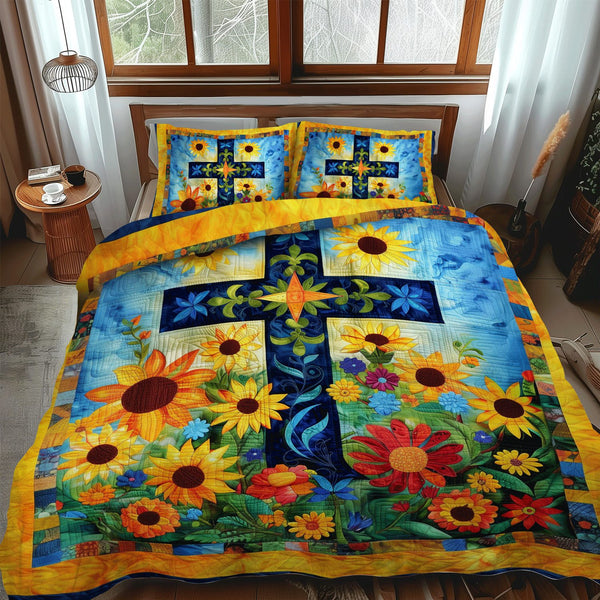 Sunburst Meadow quilted 3-piece bedding set on a made bed with two matching pillow shams