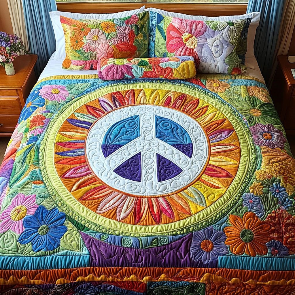 Sunburst Peace quilted 3-piece bedding set on a made bed with two matching pillow shams