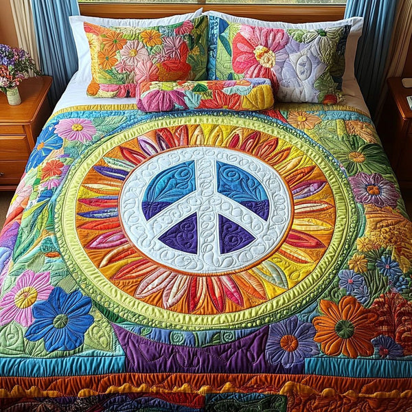 Sunburst Peace quilted 3-piece bedding set on a made bed with two matching pillow shams