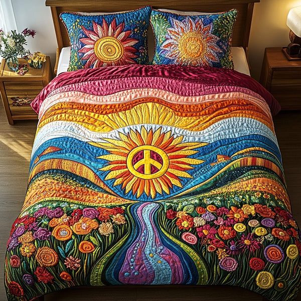 Sunburst Peace quilted 3-piece bedding set on a made bed with two matching pillow shams