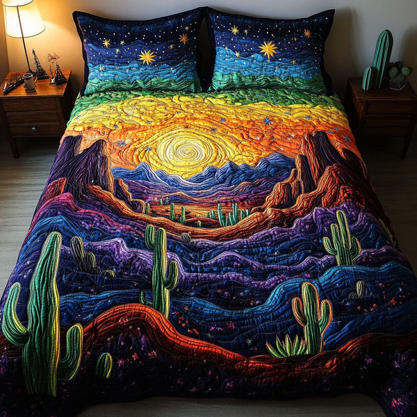Sundown Desert quilted 3-piece bedding set on a made bed with two matching pillow shams