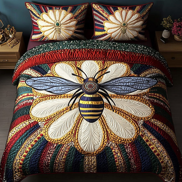 Sunflower Bee Harmony quilted 3-piece bedding set on a made bed with two matching pillow shams