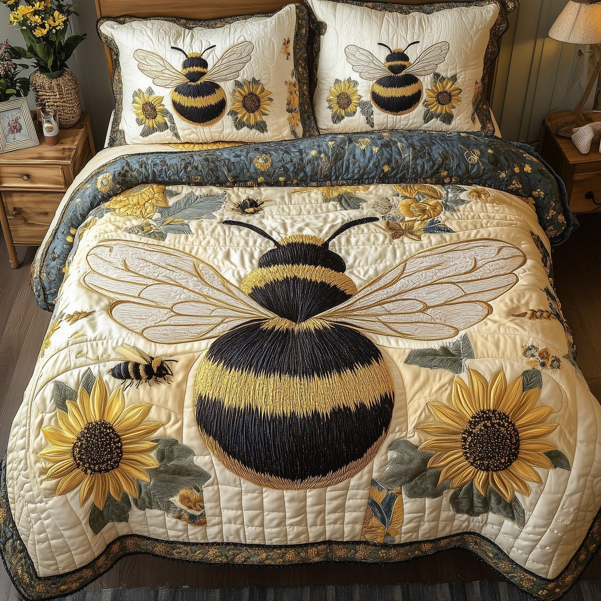 Sunflower Bee quilted 3-piece bedding set on a made bed with two matching pillow shams
