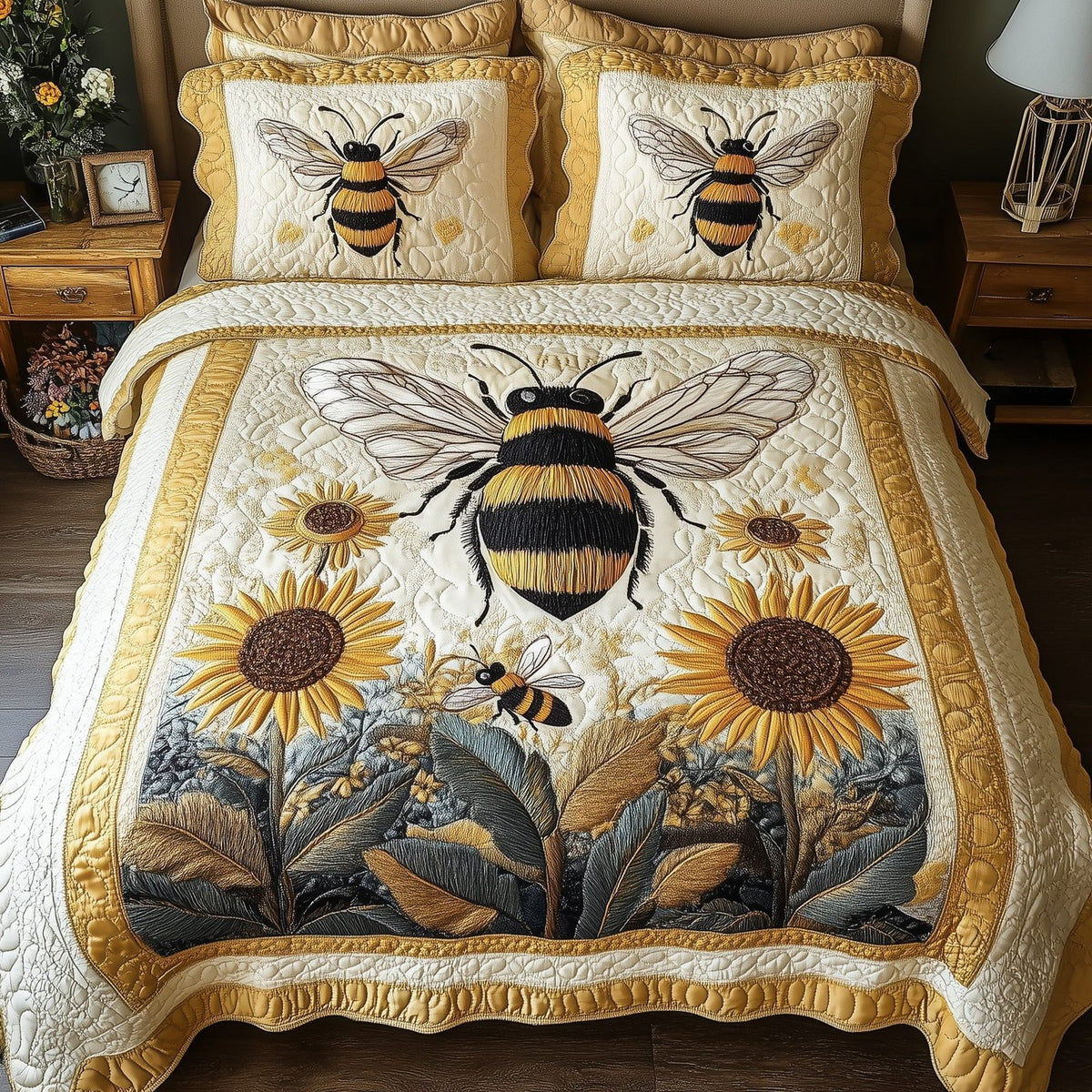 Sunflower Bee quilted 3-piece bedding set on a made bed with two matching pillow shams