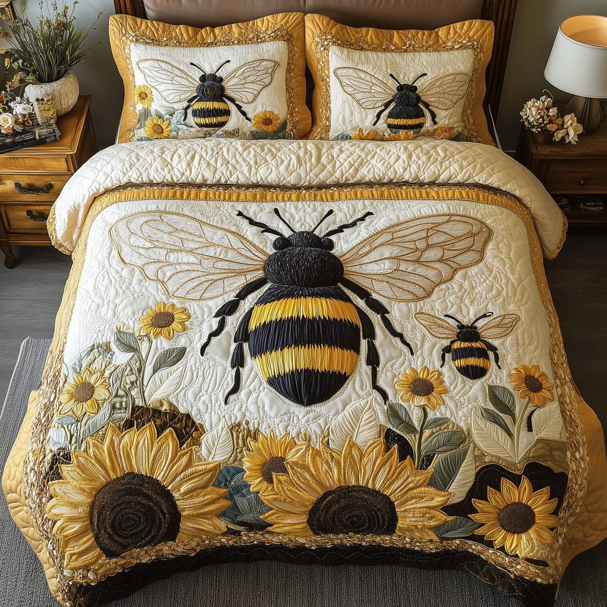 Sunflower Bee quilted 3-piece bedding set on a made bed with two matching pillow shams