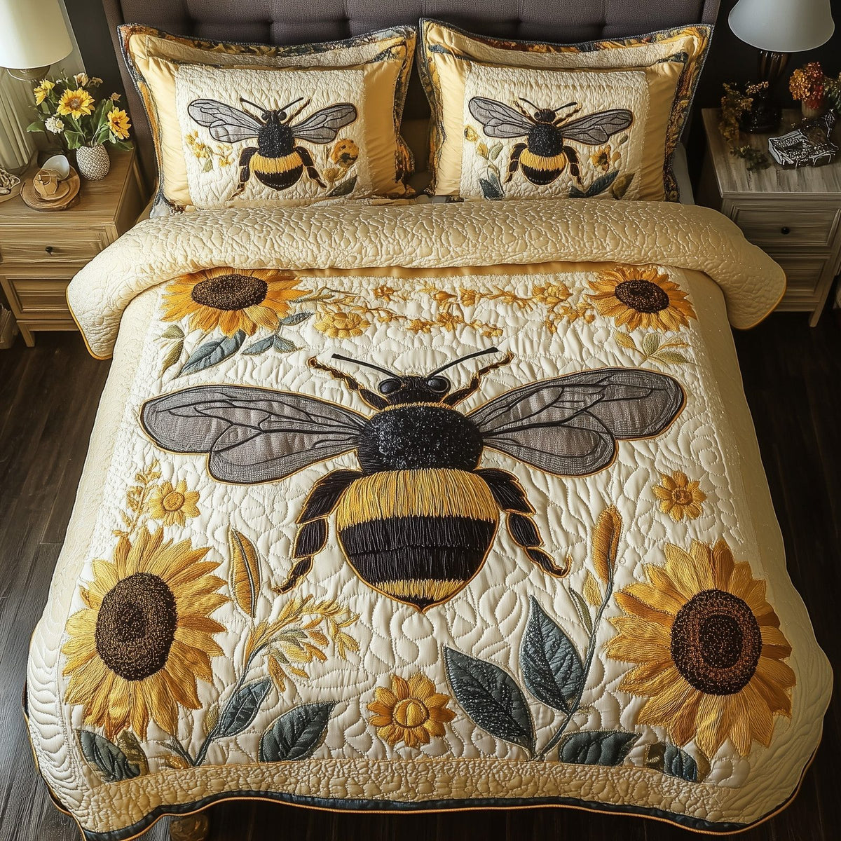 Sunflower Bee quilted 3-piece bedding set on a made bed with two matching pillow shams