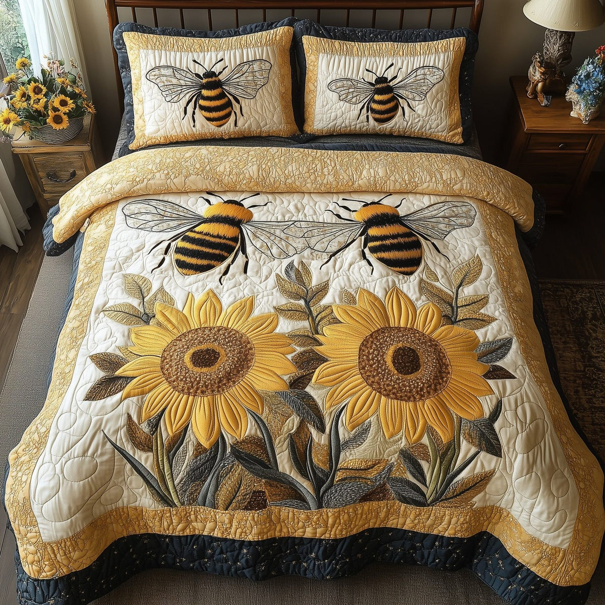Sunflower Bee quilted 3-piece bedding set on a made bed with two matching pillow shams