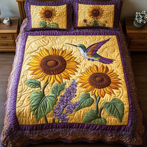 Sunflower Bird quilted 3-piece bedding set on a made bed with two matching pillow shams