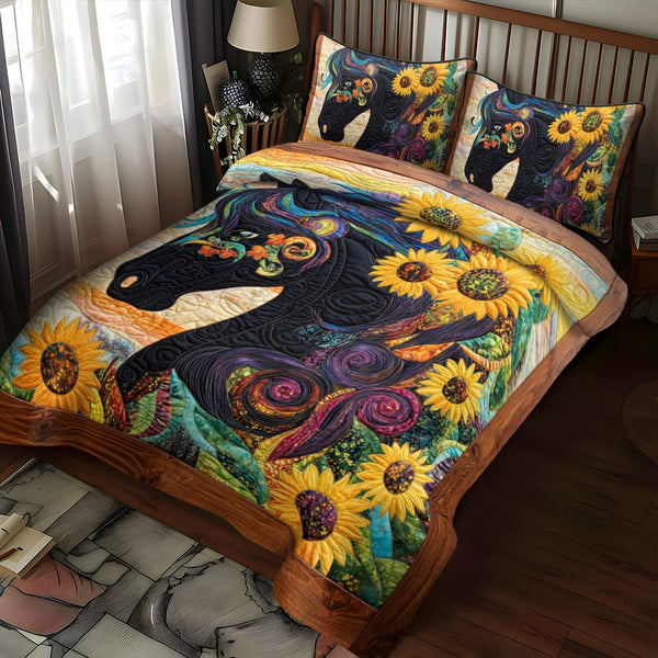 Sunflower Black Horse quilted 3-piece bedding set on a made bed in a rustic timber bedroom