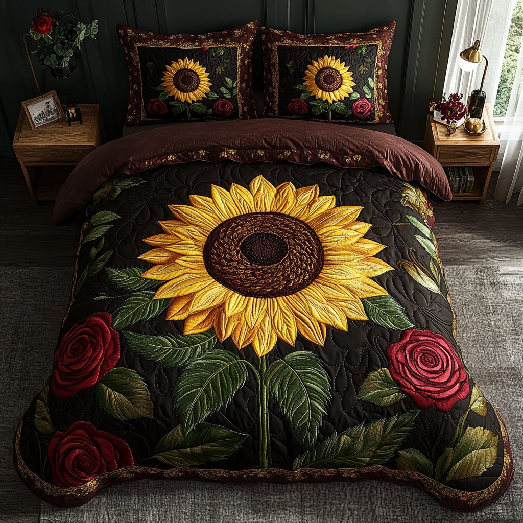 Sunflower Bliss quilted 3-piece bedding set on a made bed with two matching pillow shams