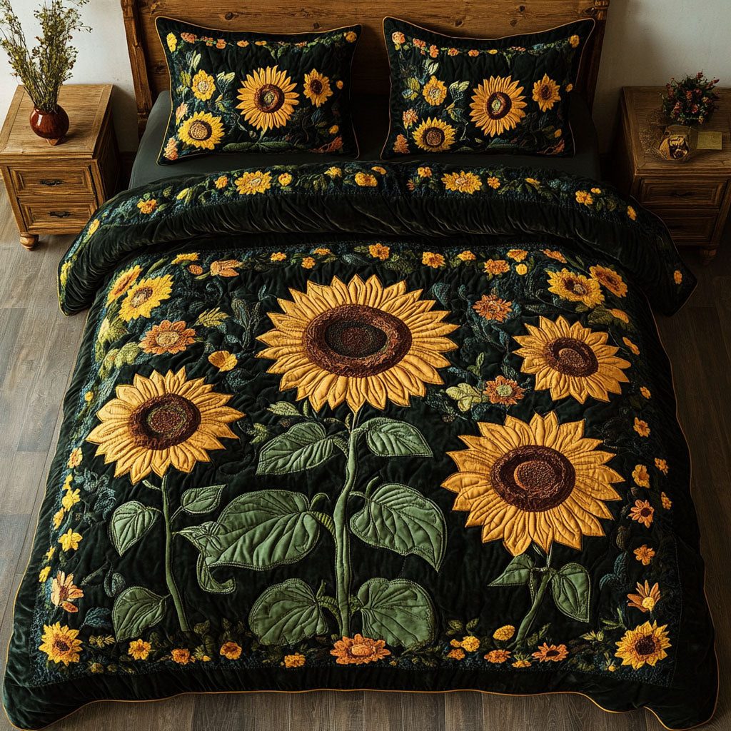 Sunflower Bliss quilted 3-piece bedding set on a made bed with two matching pillow shams