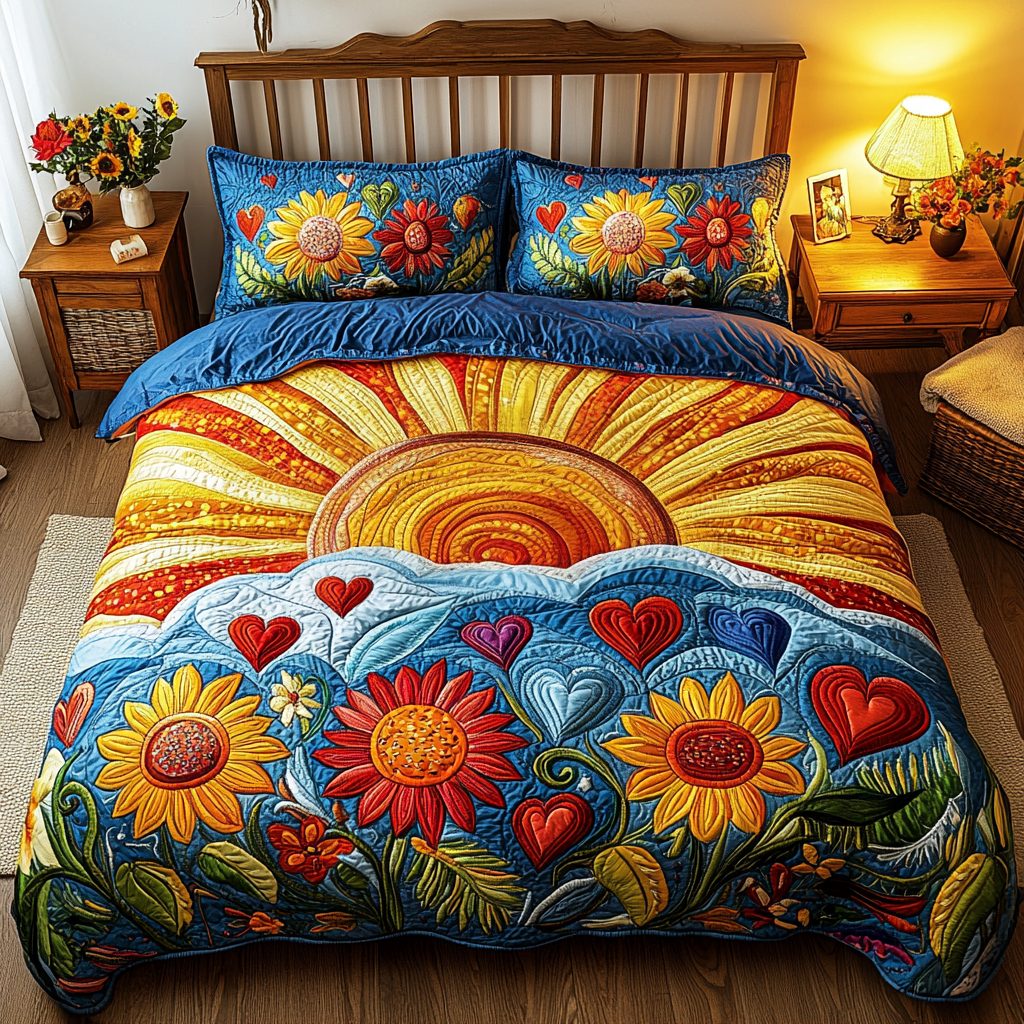 Sunflower Bloom quilted 3-piece bedding set on a made bed with two matching pillow shams