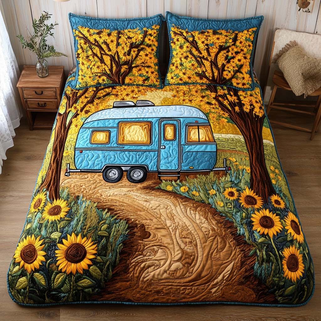 Sunflower Camper Trail quilted 3-piece bedding set on a made bed with two matching pillow shams