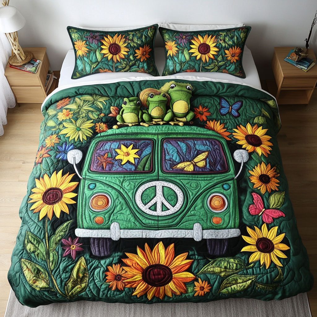 Sunflower Caravan quilted 3-piece bedding set on a made bed with two matching pillow shams
