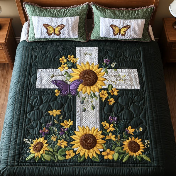 Sunflower Cross Butterfly quilted 3-piece bedding set on a made bed in a softly lit bedroom