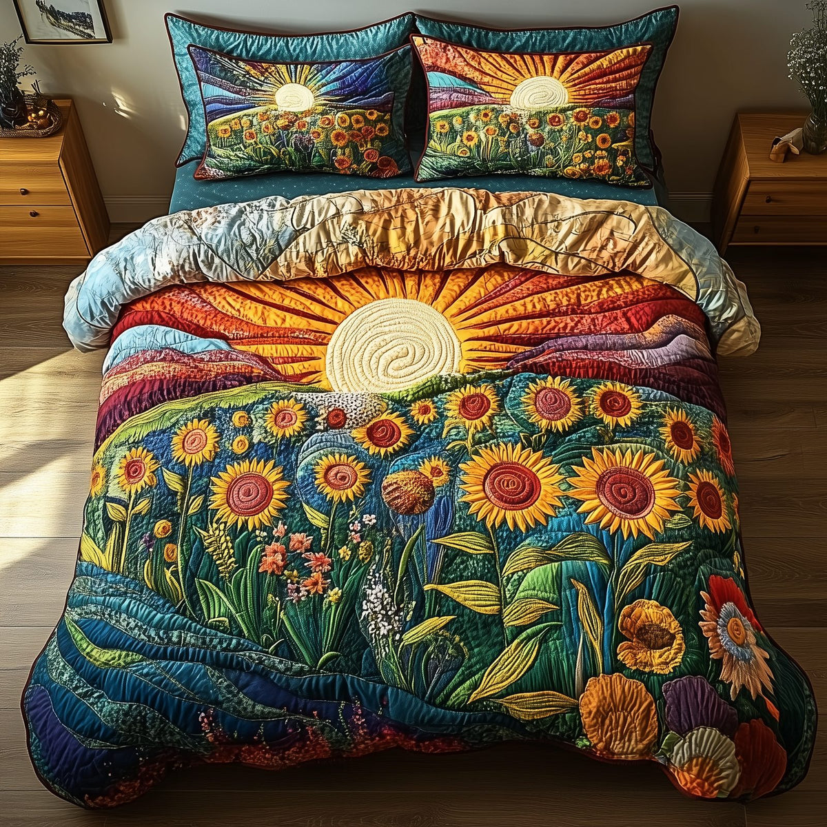 Sunflower Deity quilted 3-piece bedding set on a made bed with two matching pillow shams